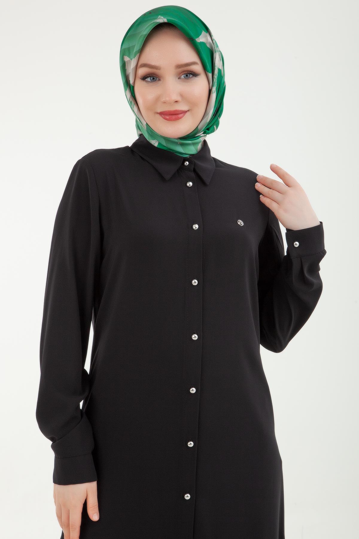 ARMİNE TREND Gömlek Yakalı Kolu Manşetli Düğmeli Tunik Siyah 24YT430 ARMİNE TREND Gömlek Yakalı Kolu Manşetli Düğmeli Tunik Siyah 24YT430