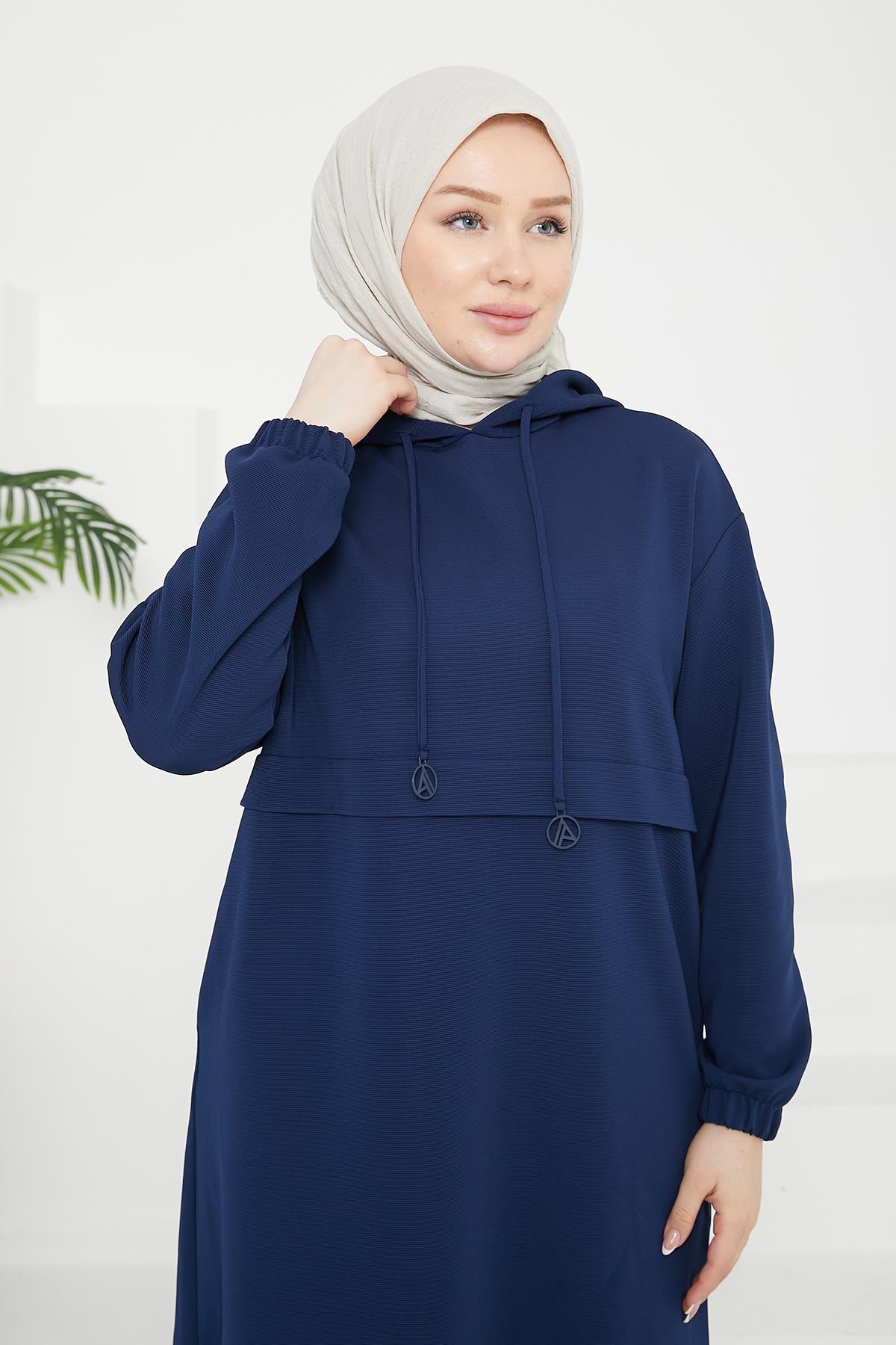 ARMİNE TREND Kapüşonlu Kolları Lastikli Tunik-Lacivert 24KT454 ARMİNE TREND Kapüşonlu Kolları Lastikli Tunik-Lacivert 24KT454