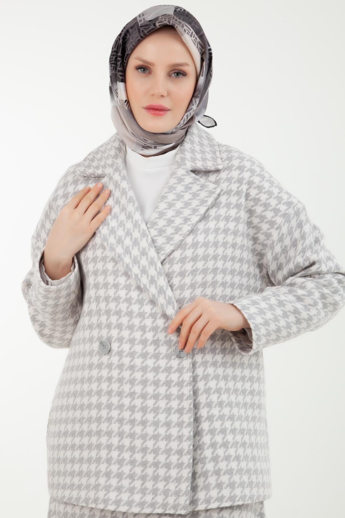 ARMİNE TREND Kaz Ayağı Desenli Ceket ve Etekli İkili Takım-Gri 23KT616 ARMİNE TREND Kaz Ayağı Desenli Ceket ve Etekli İkili Takım-Gri 23KT616