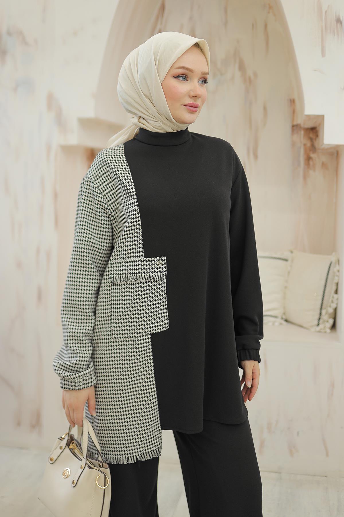ARMİNE TREND Kaz Ayağı Desenli Pantolonlu İkili Takım Siyah 24KT644 ARMİNE TREND Kaz Ayağı Desenli Pantolonlu İkili Takım Siyah 24KT644