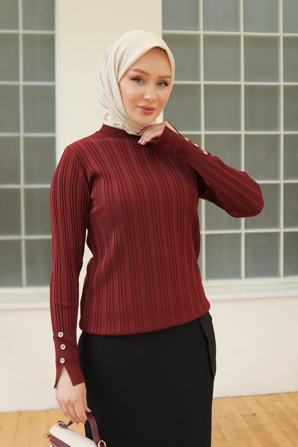 ARMİNE TREND Kolları Düğme Detaylı Triko Tunik-Bordo 24KTD301