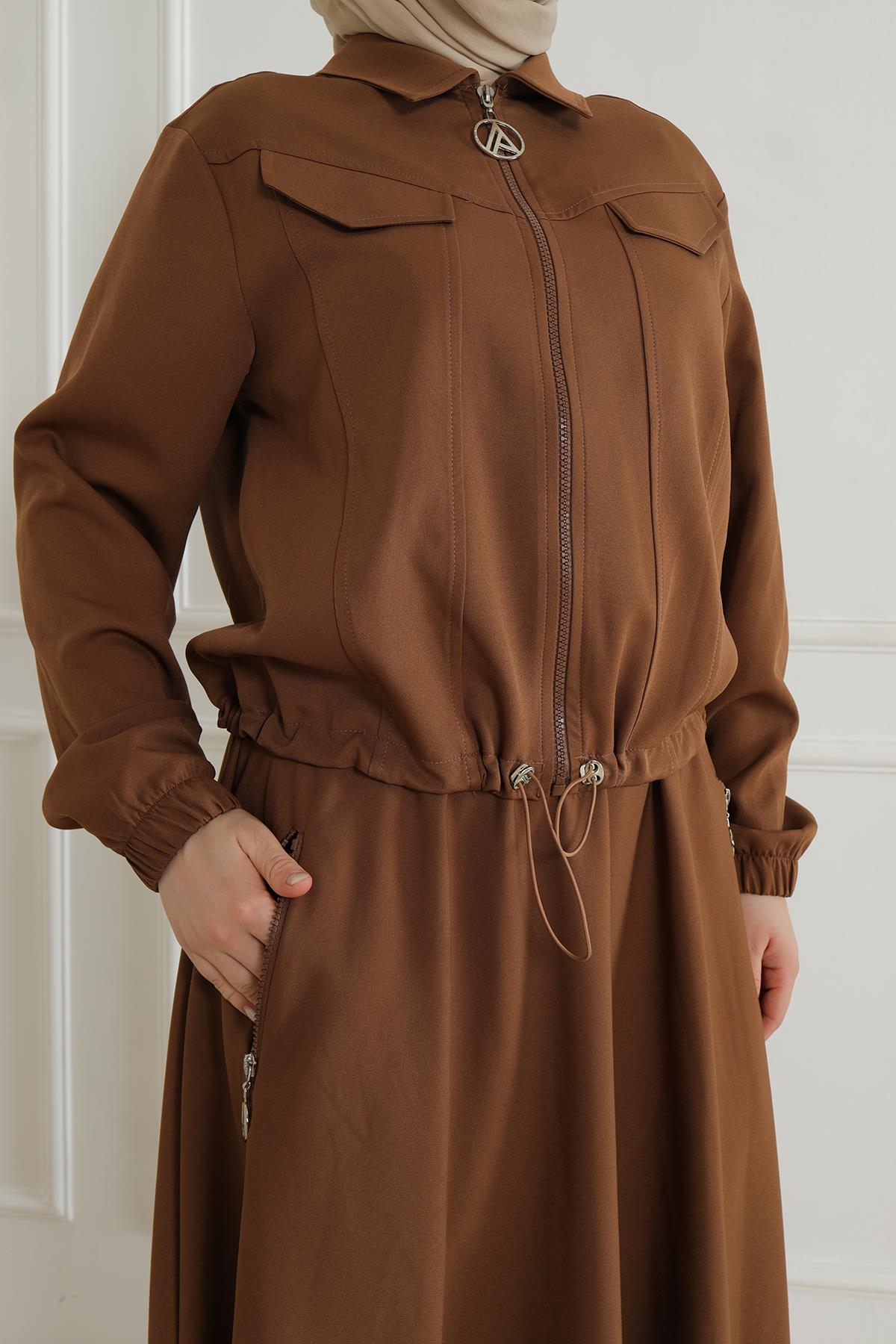 ARMİNE TREND Kolları Lastikli Gömlek Yakalı İkili Takım-Kahverengi 24KT681 ARMİNE TREND Kolları Lastikli Gömlek Yakalı İkili Takım-Kahverengi 24KT681