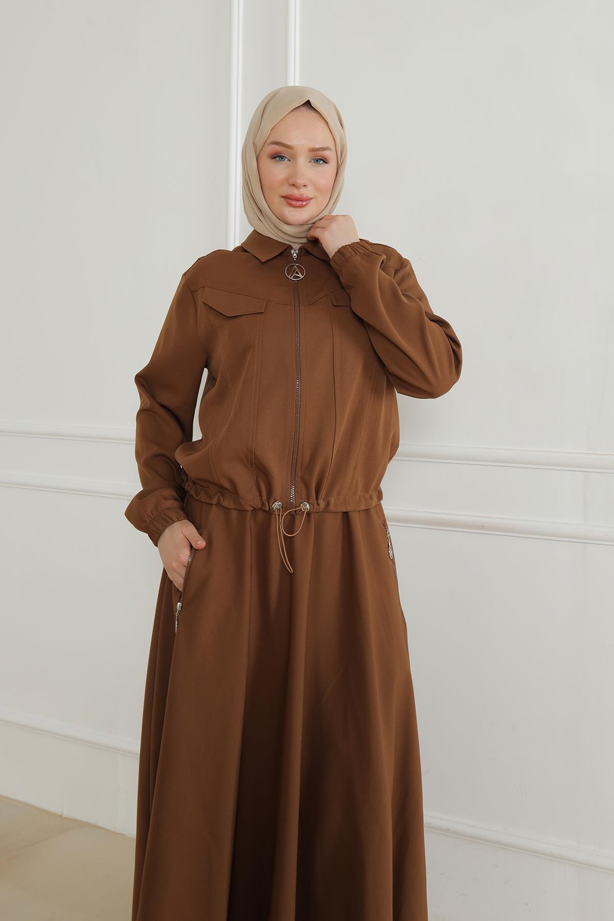 ARMİNE TREND Kolları Lastikli Gömlek Yakalı İkili Takım-Kahverengi 24KT681 ARMİNE TREND Kolları Lastikli Gömlek Yakalı İkili Takım-Kahverengi 24KT681