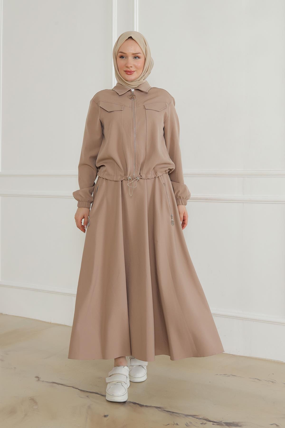 ARMİNE TREND Kolları Lastikli Gömlek Yakalı İkili Takım-Vizon 24KT681 ARMİNE TREND Kolları Lastikli Gömlek Yakalı İkili Takım-Vizon 24KT681