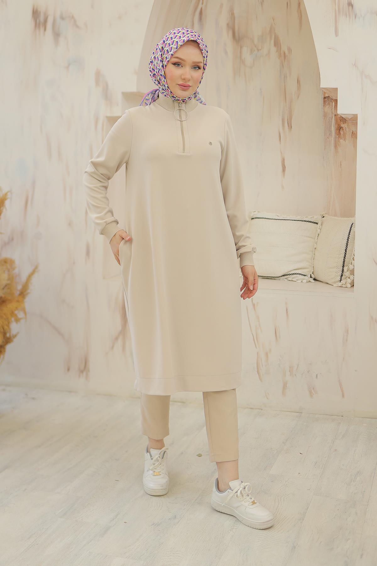 ARMİNE TREND Kolları Ribanalı Yarım Fermuarlı Tunik Taş 24KT436 ARMİNE TREND Kolları Ribanalı Yarım Fermuarlı Tunik Taş 24KT436