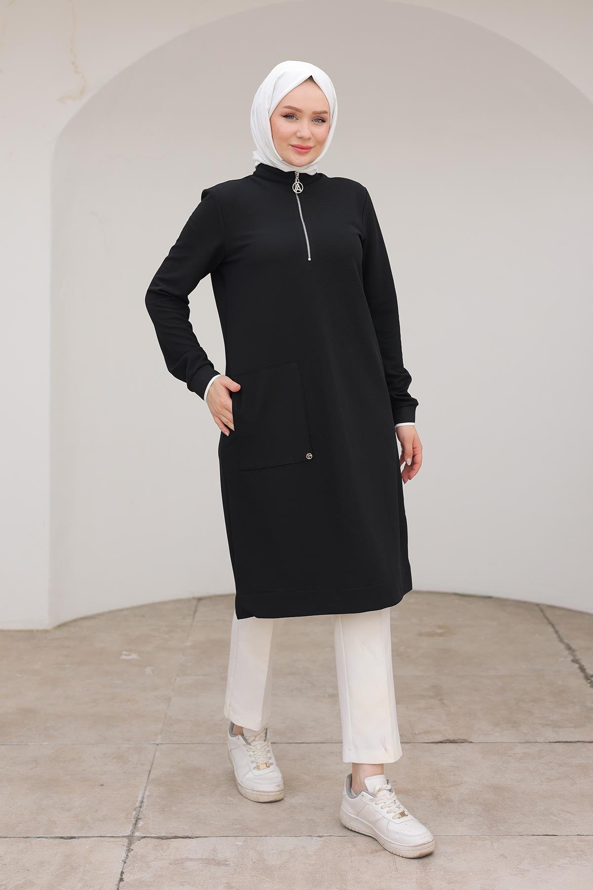 ARMİNE TREND Kolları Ribanalı Yarım Fermuarlı Tunik Siyah 24KT453 ARMİNE TREND Kolları Ribanalı Yarım Fermuarlı Tunik Siyah 24KT453