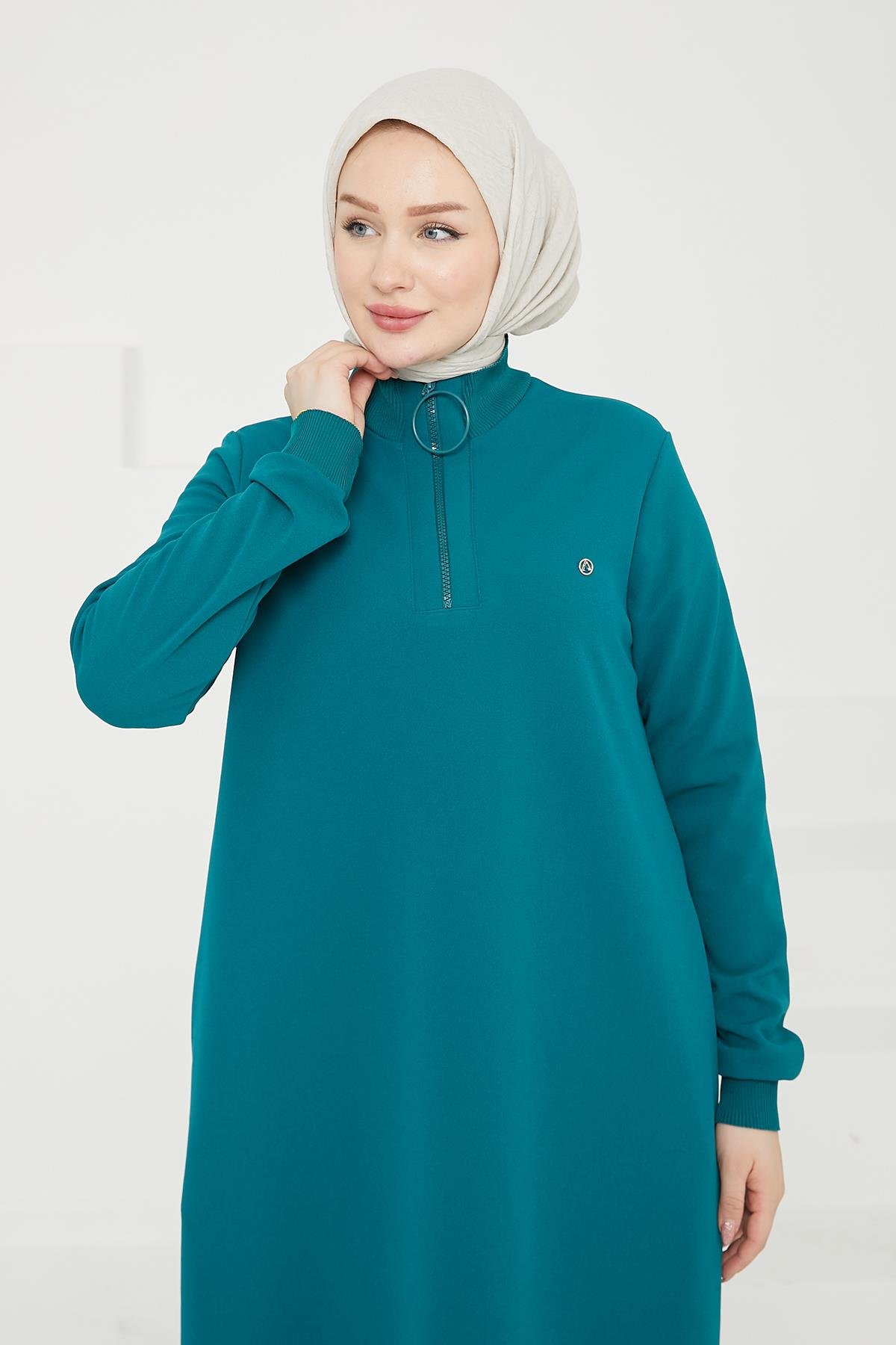 ARMİNE TREND Kolları Ribanalı Yarım Fermuarlı Tunik-Petrol 24KT436 ARMİNE TREND Kolları Ribanalı Yarım Fermuarlı Tunik-Petrol 24KT436