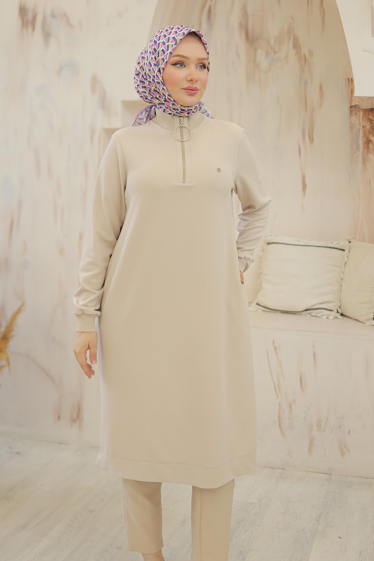 ARMİNE TREND Kolları Ribanalı Yarım Fermuarlı Tunik Taş 24KT436 ARMİNE TREND Kolları Ribanalı Yarım Fermuarlı Tunik Taş 24KT436