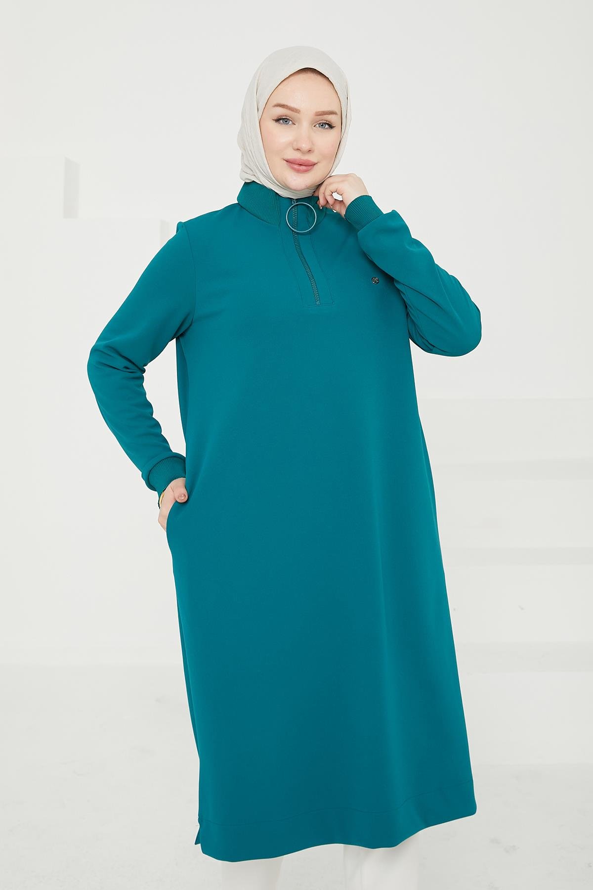 ARMİNE TREND Kolları Ribanalı Yarım Fermuarlı Tunik-Petrol 24KT436 ARMİNE TREND Kolları Ribanalı Yarım Fermuarlı Tunik-Petrol 24KT436