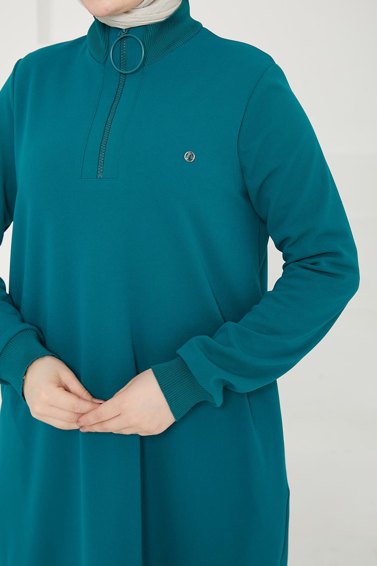 ARMİNE TREND Kolları Ribanalı Yarım Fermuarlı Tunik-Petrol 24KT436 ARMİNE TREND Kolları Ribanalı Yarım Fermuarlı Tunik-Petrol 24KT436