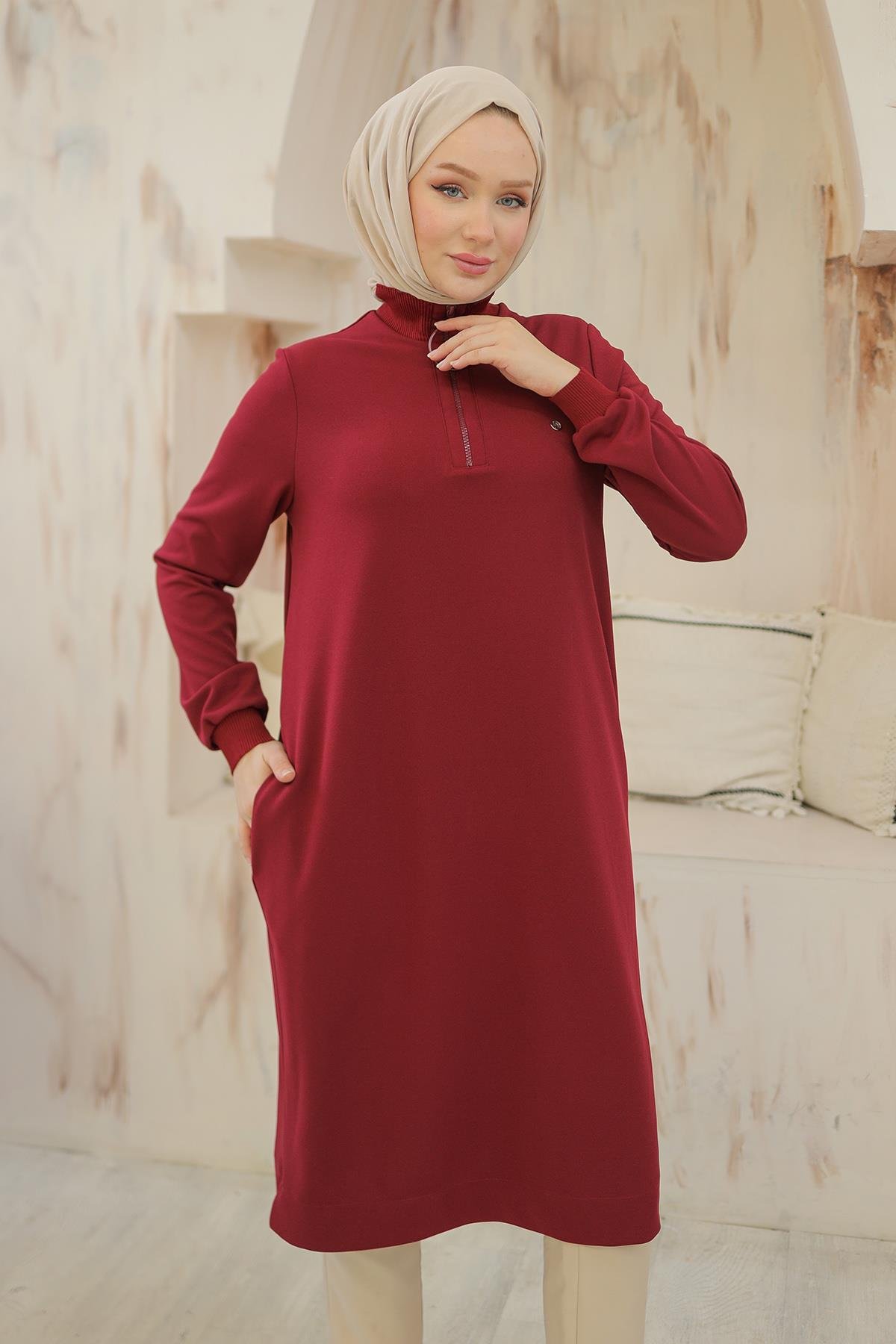 ARMİNE TREND Kolları Ribanalı Yarım Fermuarlı Tunik Bordo 24KT436 ARMİNE TREND Kolları Ribanalı Yarım Fermuarlı Tunik Bordo 24KT436