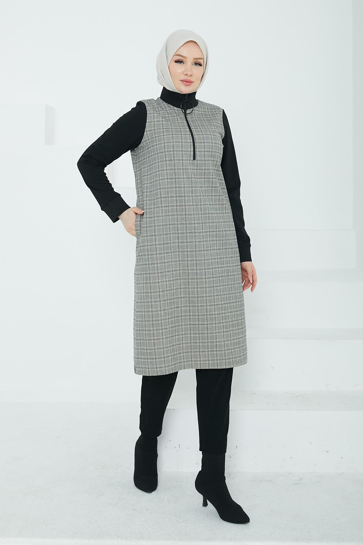 ARMİNE TREND Kolları ve Yakası Ribanalı Yarım Fermuarlı Tunik-Gri 24KT482 ARMİNE TREND Kolları ve Yakası Ribanalı Yarım Fermuarlı Tunik-Gri 24KT482