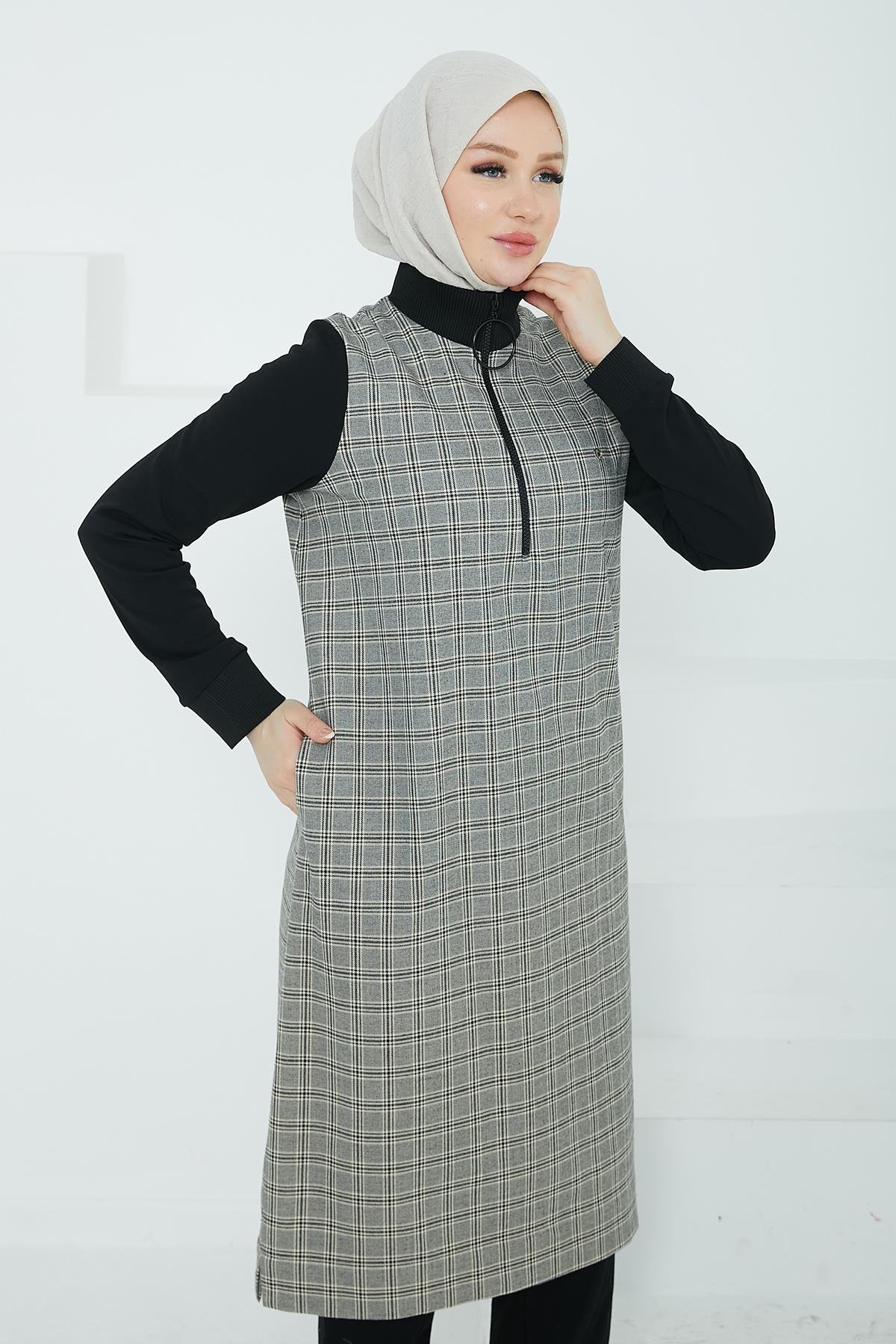 ARMİNE TREND Kolları ve Yakası Ribanalı Yarım Fermuarlı Tunik-Gri 24KT482 ARMİNE TREND Kolları ve Yakası Ribanalı Yarım Fermuarlı Tunik-Gri 24KT482