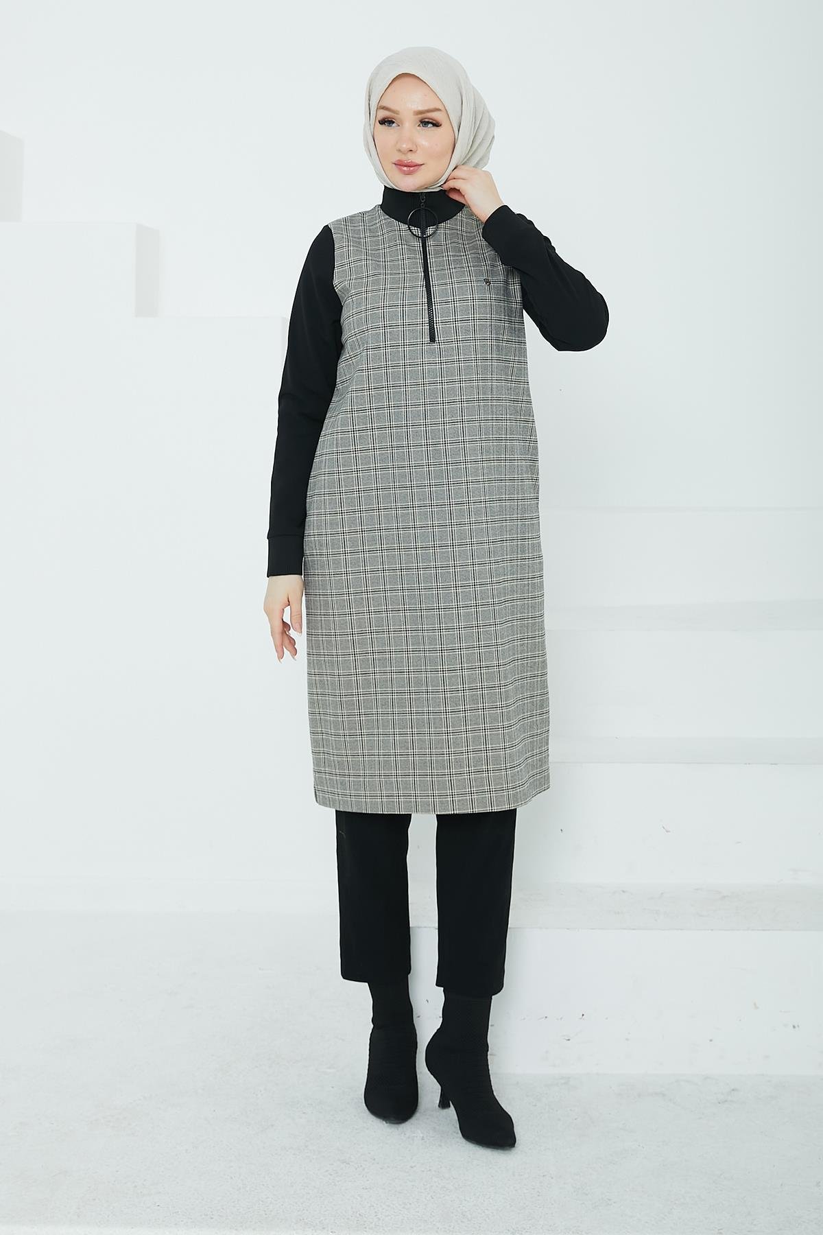 ARMİNE TREND Kolları ve Yakası Ribanalı Yarım Fermuarlı Tunik-Gri 24KT482 ARMİNE TREND Kolları ve Yakası Ribanalı Yarım Fermuarlı Tunik-Gri 24KT482