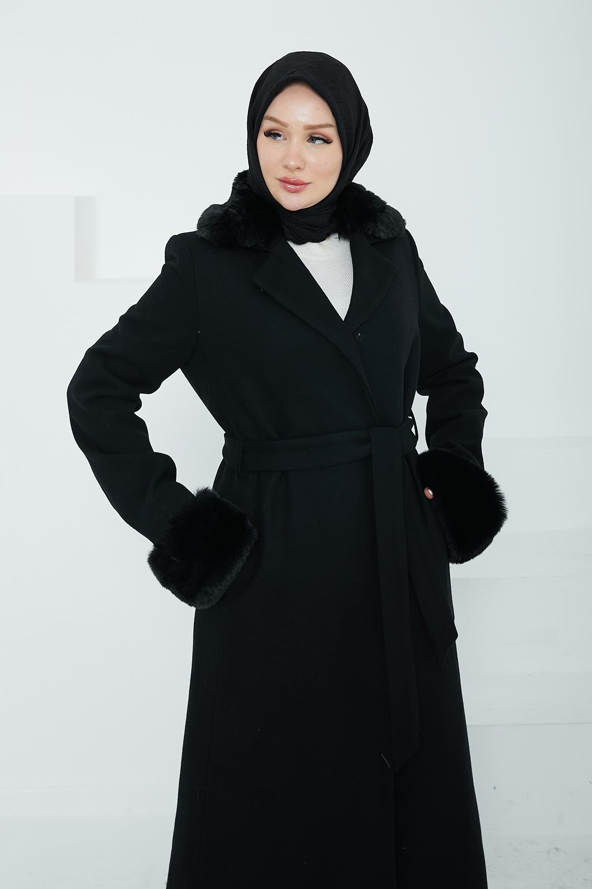 ARMİNE TREND Kolları ve Yakası Seyyar Kürklü Kap-Siyah 24KT816 ARMİNE TREND Kolları ve Yakası Seyyar Kürklü Kap-Siyah 24KT816