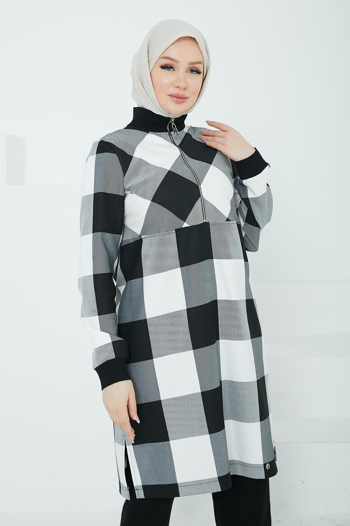 ARMİNE TREND Yarım Fermuarlı Kolları Ribanalı Tunik Siyah Beyaz 24KT416 ARMİNE TREND Yarım Fermuarlı Kolları Ribanalı Tunik Siyah Beyaz 24KT416