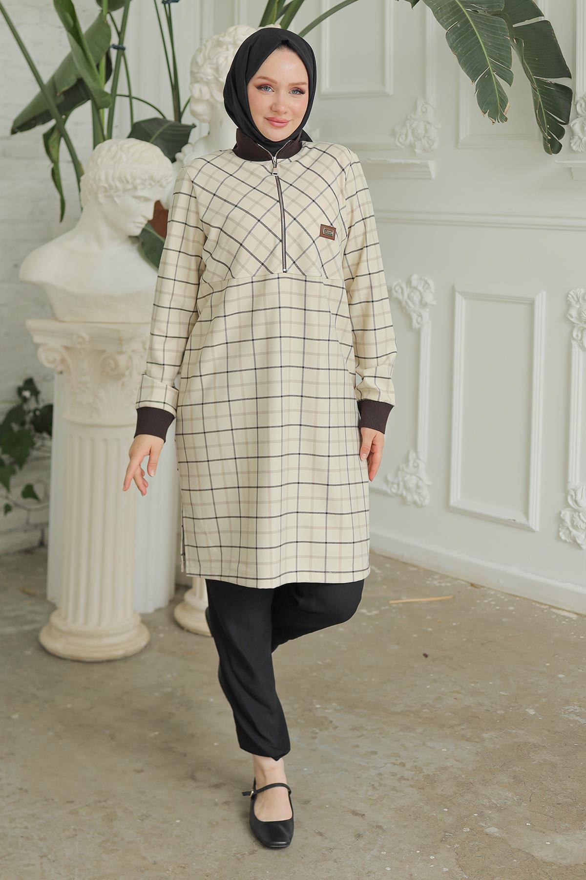 ARMİNE TREND Yarım Fermuarlı Kolları Ribanalı Tunik Bej 24KT416 ARMİNE TREND Yarım Fermuarlı Kolları Ribanalı Tunik Bej 24KT416