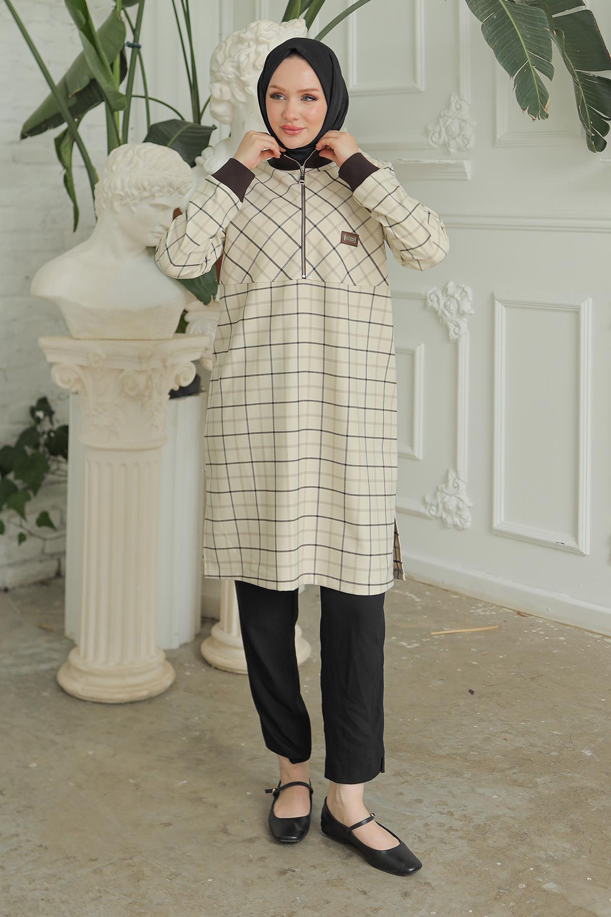 ARMİNE TREND Yarım Fermuarlı Kolları Ribanalı Tunik Bej 24KT416 ARMİNE TREND Yarım Fermuarlı Kolları Ribanalı Tunik Bej 24KT416