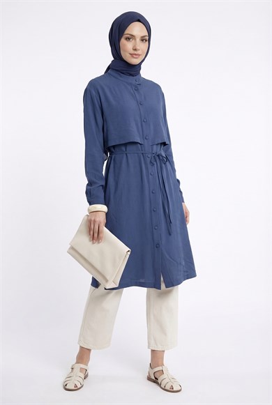 Aller Detaylı Beli İpli Uzun Tunik İndigo 26YT412