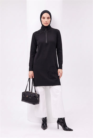Armine Çiçek Desenli Triko Tunik 25KTD4111 Siyah