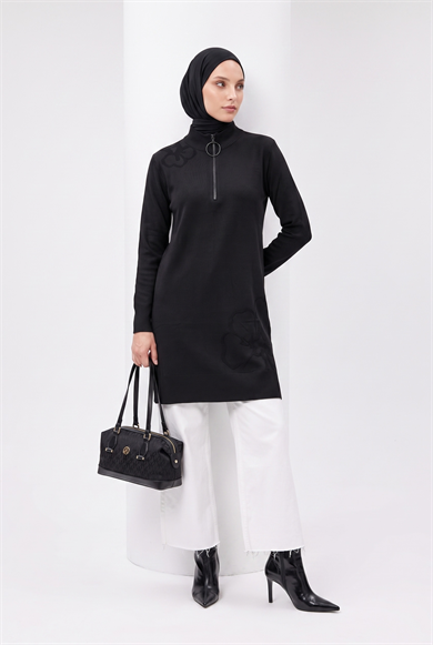 Armine Çiçek Desenli Triko Tunik 25KTD4111 Siyah
