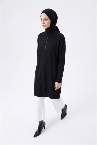 Armine Çiçek Desenli Triko Tunik 25KTD4111 Siyah