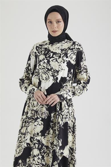 Arkadan Fermuarlı Kolları Düğmeli Elbise-Siyah 25YT923