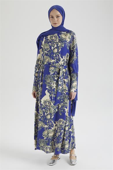 Arkadan Fermuarlı Kolları Düğmeli Elbise-Saks 25YT923