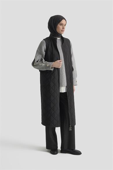 Baklava Desenli Boydan Fermuarlı Cepli Yelek Siyah 25KT536