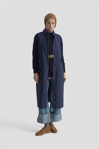 Baklava Desenli Boydan Fermuarlı Cepli Yelek Lacivert 25KT536