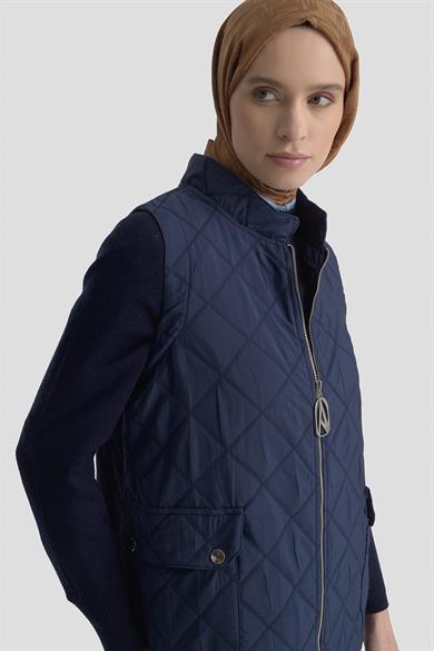 Baklava Desenli Boydan Fermuarlı Cepli Yelek Lacivert 25KT536