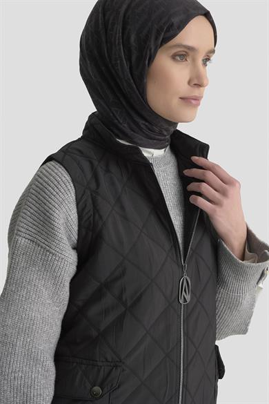 Baklava Desenli Boydan Fermuarlı Cepli Yelek Siyah 25KT536