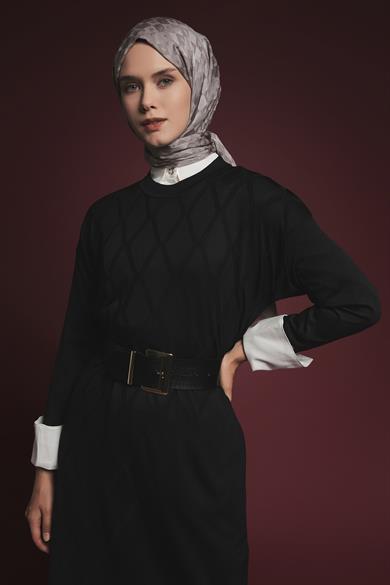 Baklava Desenli Triko Elbise Siyah 25YTD957