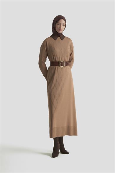 Baklava Desenli Triko Elbise Latte 25YTD957