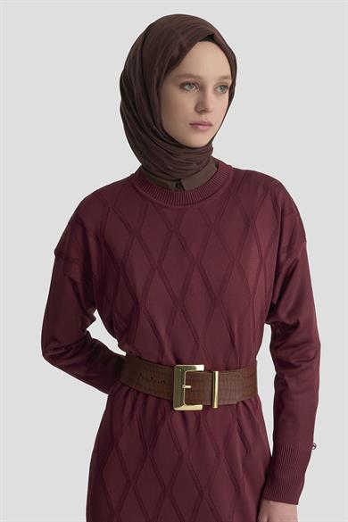 Baklava Desenli Triko Elbise Bordo 25YTD957