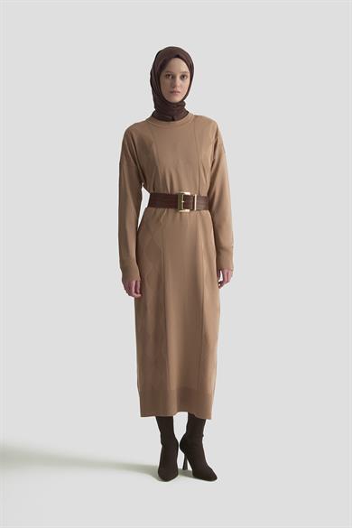 Baklava Desenli Triko Elbise Latte 25YTD958