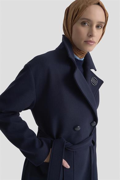 Belden Kuşaklı Aksesuar Detaylı Kaban Lacivert 25KT737