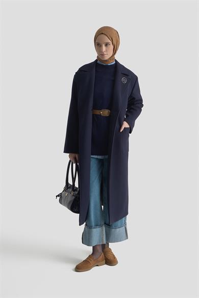 Belden Kuşaklı Aksesuar Detaylı Kaban Lacivert 25KT737