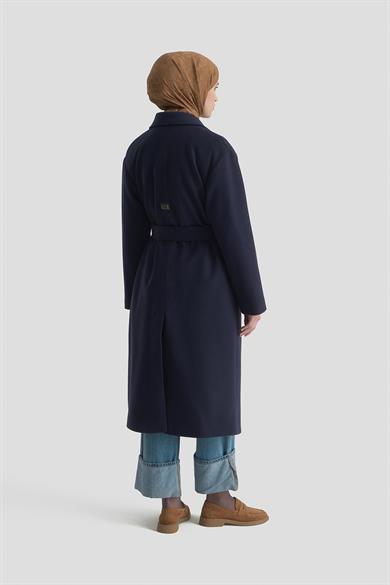 Belden Kuşaklı Aksesuar Detaylı Kaban Lacivert 25KT737