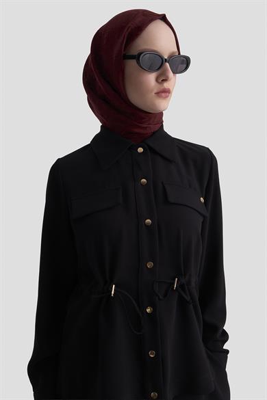 Beli Büzgü Detaylı Çıt Çıtlı Crep Kumaş Etekli İkili Takım Siyah 25KT665