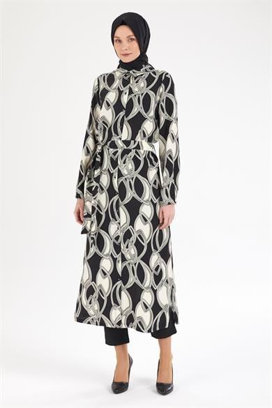 Beli Kuşaklı Boydan Düğmeli Tunik-Siyah 25YT421