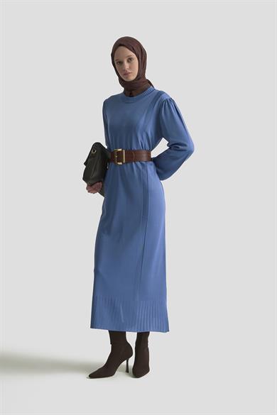 Bisiklet Yaka Triko Elbise İndigo 25YTD956