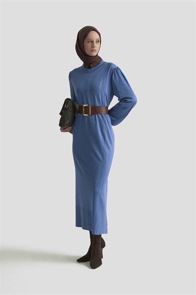 Bisiklet Yaka Triko Elbise İndigo 25YTD956