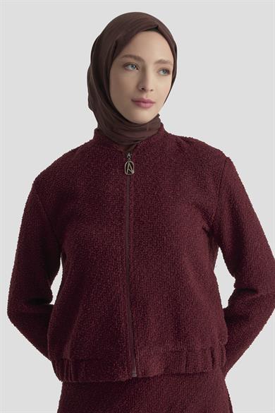 Bomber Ceketli Fermuarlı Astarlı Tüvit Etekli İkili Takım Bordo 25KT627