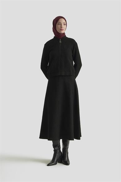 Bomber Ceketli Fermuarlı Astarlı Tüvit Etekli İkili Takım Siyah 25KT627