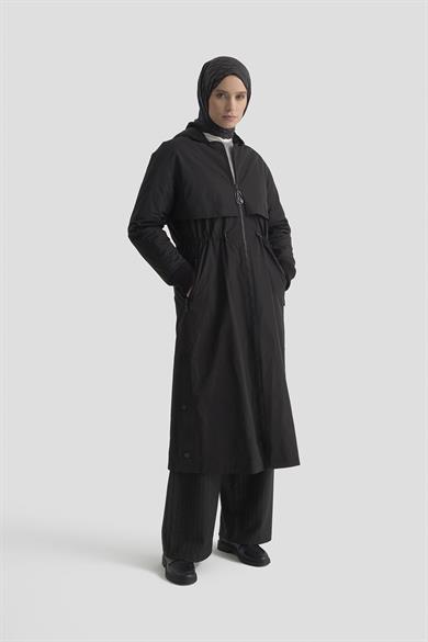 Boydan Fermuarlı Beli Büzgülü Kapüşonlu Paraşüt Kumaş Kap Siyah 25KT726
