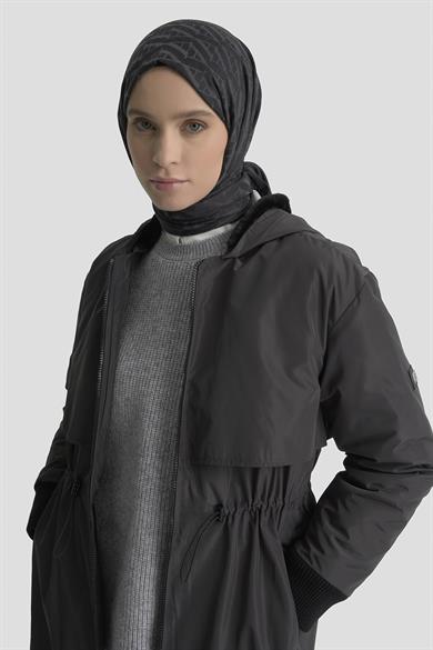 Boydan Fermuarlı Beli Büzgülü Kapüşonlu Paraşüt Kumaş Kap Antrasit 25KT726