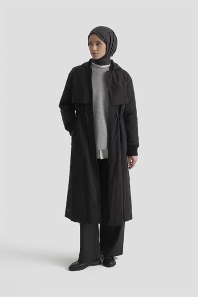 Boydan Fermuarlı Beli Büzgülü Kapüşonlu Paraşüt Kumaş Kap Siyah 25KT726