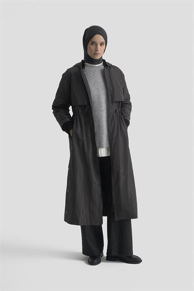 Boydan Fermuarlı Beli Büzgülü Kapüşonlu Paraşüt Kumaş Kap Antrasit 25KT726