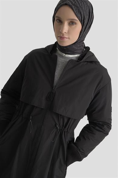 Boydan Fermuarlı Beli Büzgülü Kapüşonlu Paraşüt Kumaş Kap Siyah 25KT726